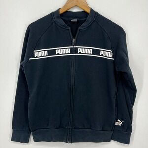 Puma Full Zip Sweatshirt Women's Size M Black Spellout Logo Pockets Cotton Blend